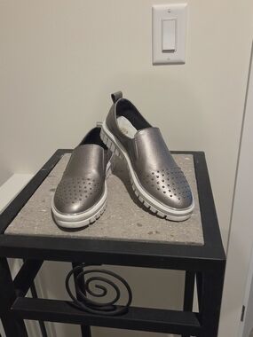 Metallic leather, Silver Slip-On Studded Loafers